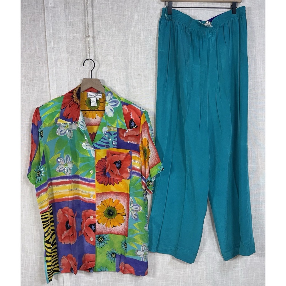 Vintage NWT Diane Gilman 100% Silk Blouse Reversible Pants Set Women's 2X Floral